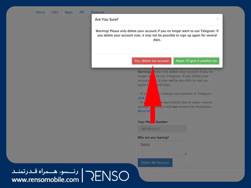 حذف اکانت تلگرام- آموزش پاک کردن اکانت تلگرام- حل مشکل ریپورت تلگرام- رنسو- تلفن رنسو- موبایل رنسو Telegram -Renso- Mobile